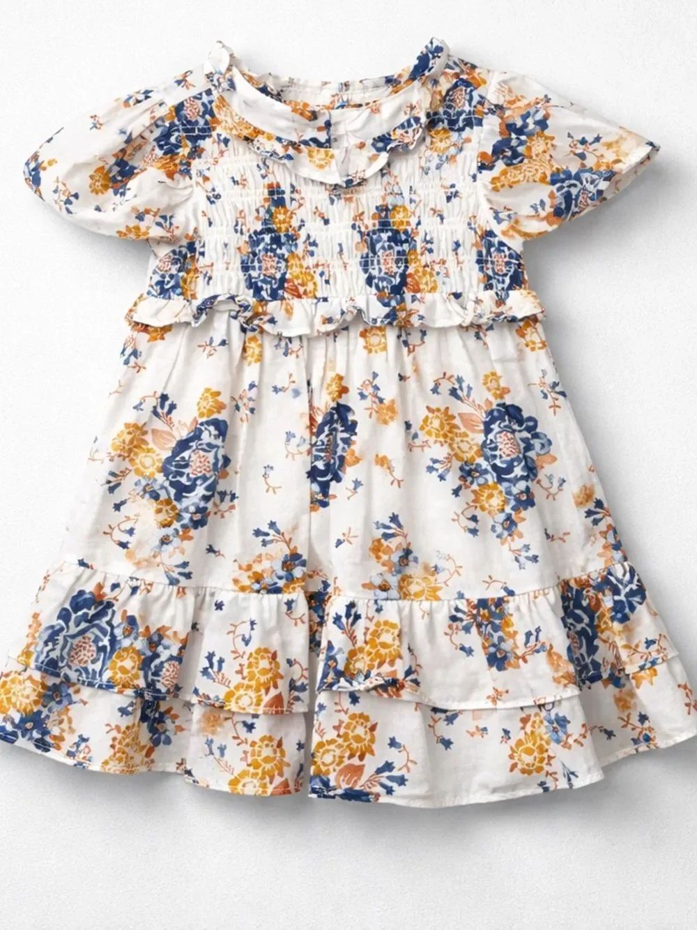 Janie and Jack white with blue floral print smocked bodice dress size 6-12 month